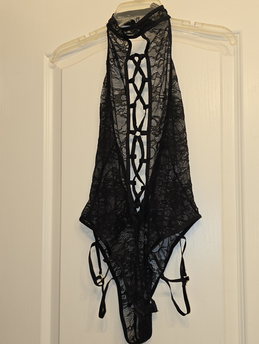 Yandy Black Lace Halter Teddy with Crisscross Front